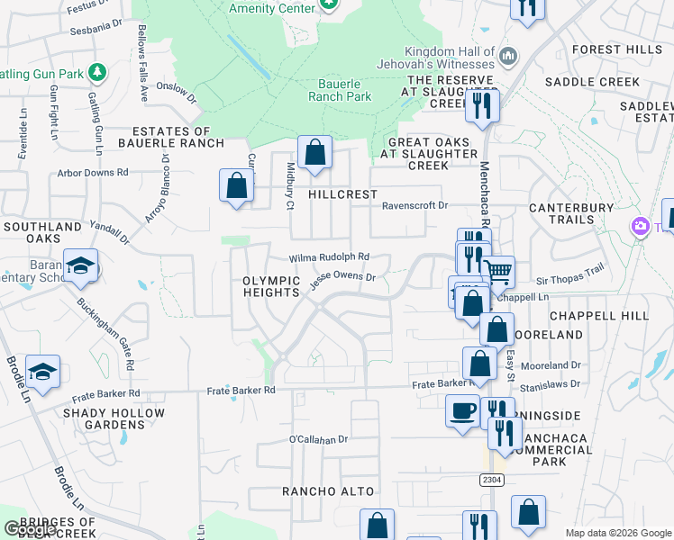 map of restaurants, bars, coffee shops, grocery stores, and more near 2202 Jesse Owens Drive in Austin