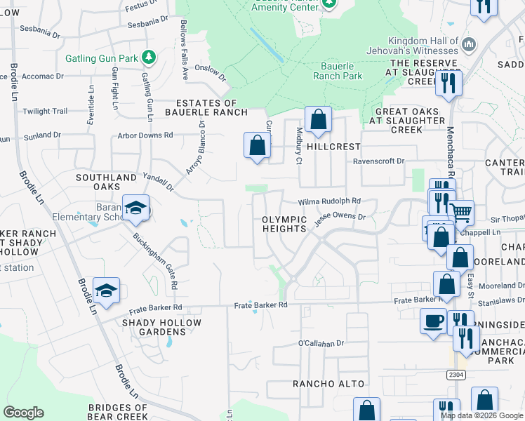 map of restaurants, bars, coffee shops, grocery stores, and more near 11504 Johnny Weismuller Lane in Austin