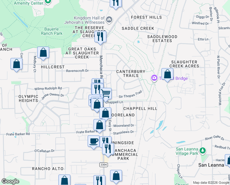 map of restaurants, bars, coffee shops, grocery stores, and more near 11304 Pardoners Tale Lane in Austin