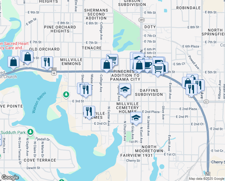 map of restaurants, bars, coffee shops, grocery stores, and more near 336 North Center Avenue in Panama City