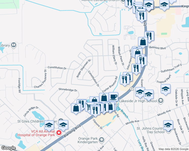 map of restaurants, bars, coffee shops, grocery stores, and more near 618 Charles Carroll Street in Orange Park