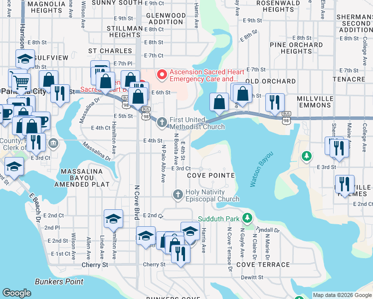 map of restaurants, bars, coffee shops, grocery stores, and more near 350 Mercedes Avenue in Panama City
