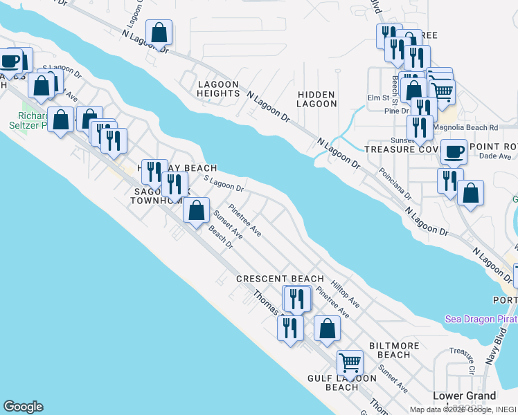 map of restaurants, bars, coffee shops, grocery stores, and more near 3823 Quail Street in Panama City Beach