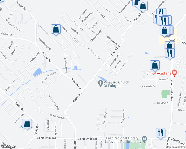 map of restaurants, bars, coffee shops, grocery stores, and more near 702 Bonin Road in Lafayette