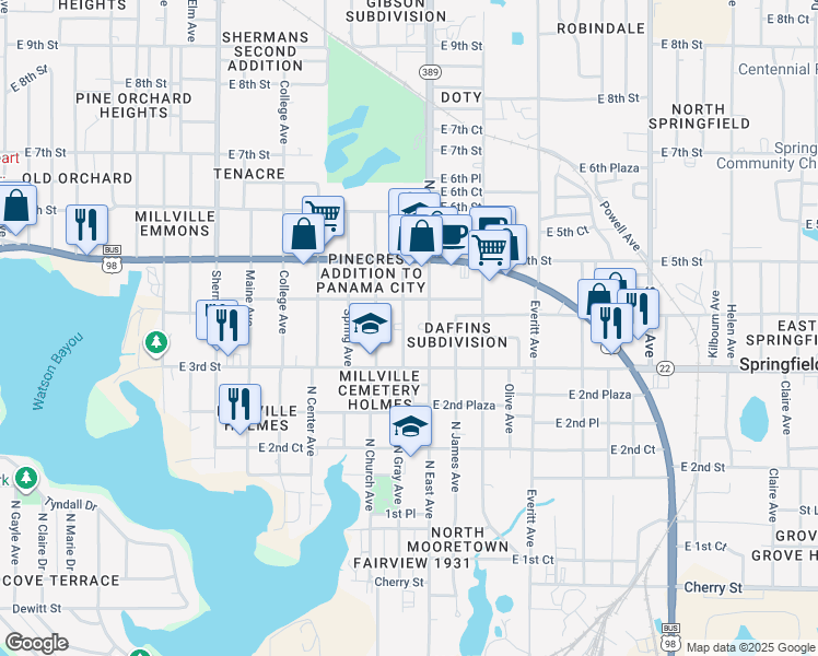 map of restaurants, bars, coffee shops, grocery stores, and more near 326 North Gray Avenue in Panama City