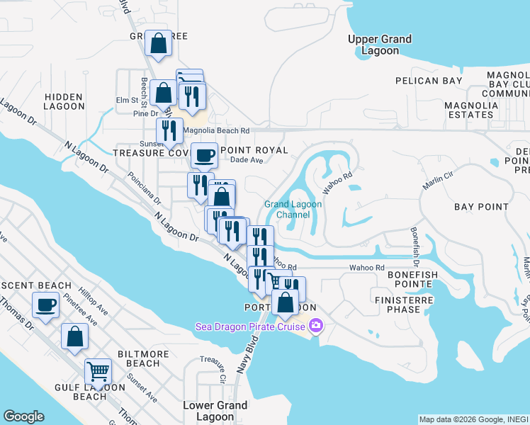 map of restaurants, bars, coffee shops, grocery stores, and more near 451 Wahoo Road in Panama City Beach