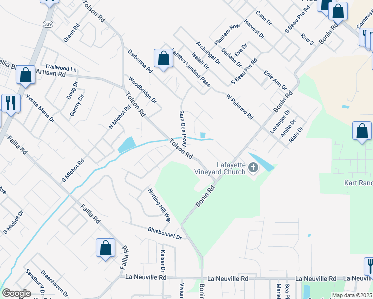 map of restaurants, bars, coffee shops, grocery stores, and more near 100 Sara Dee Parkway in Lafayette