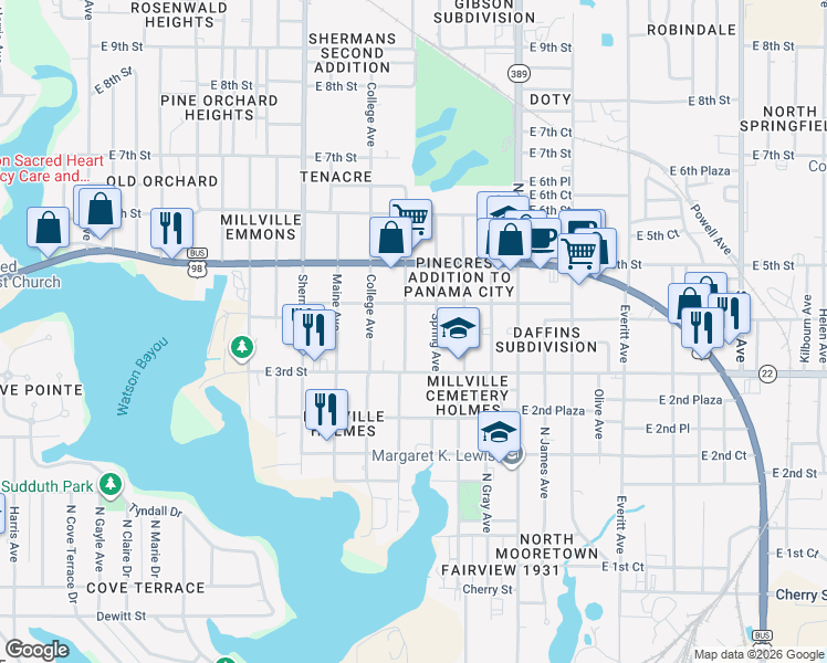 map of restaurants, bars, coffee shops, grocery stores, and more near 336 North Center Avenue in Panama City