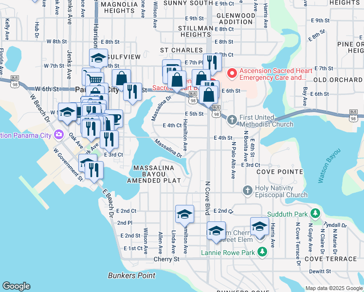 map of restaurants, bars, coffee shops, grocery stores, and more near East Massalina Drive East in Panama City