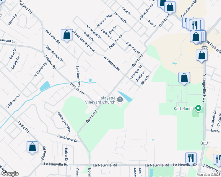 map of restaurants, bars, coffee shops, grocery stores, and more near 702 Bonin Road in Lafayette