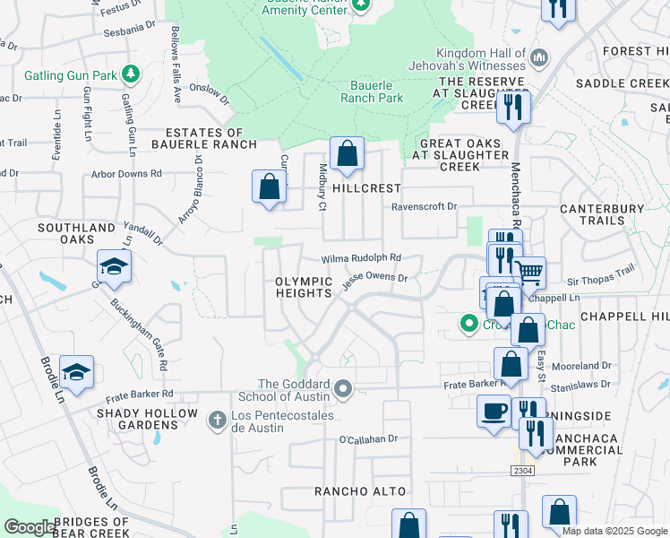 map of restaurants, bars, coffee shops, grocery stores, and more near 11505 Paul E Anderson Drive in Austin