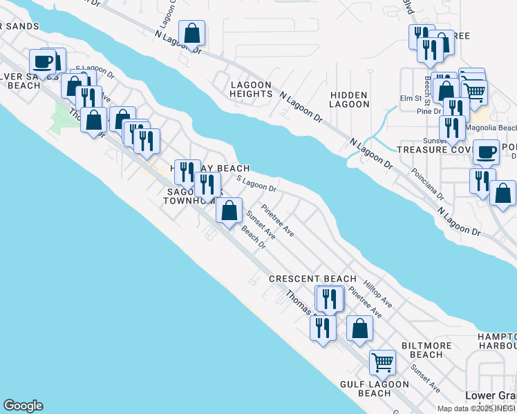 map of restaurants, bars, coffee shops, grocery stores, and more near 6507 Pinetree Avenue in Panama City