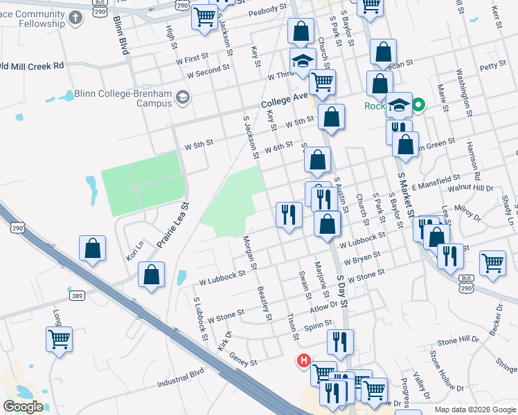 map of restaurants, bars, coffee shops, grocery stores, and more near 606 East Valverde Street in Brenham
