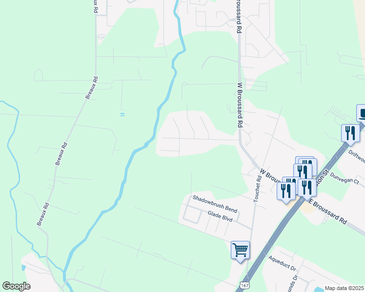 map of restaurants, bars, coffee shops, grocery stores, and more near 203 Calcasieu Crossing in Lafayette