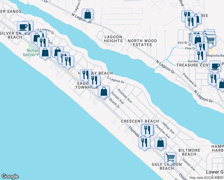 map of restaurants, bars, coffee shops, grocery stores, and more near 6507 Pinetree Avenue in Panama City