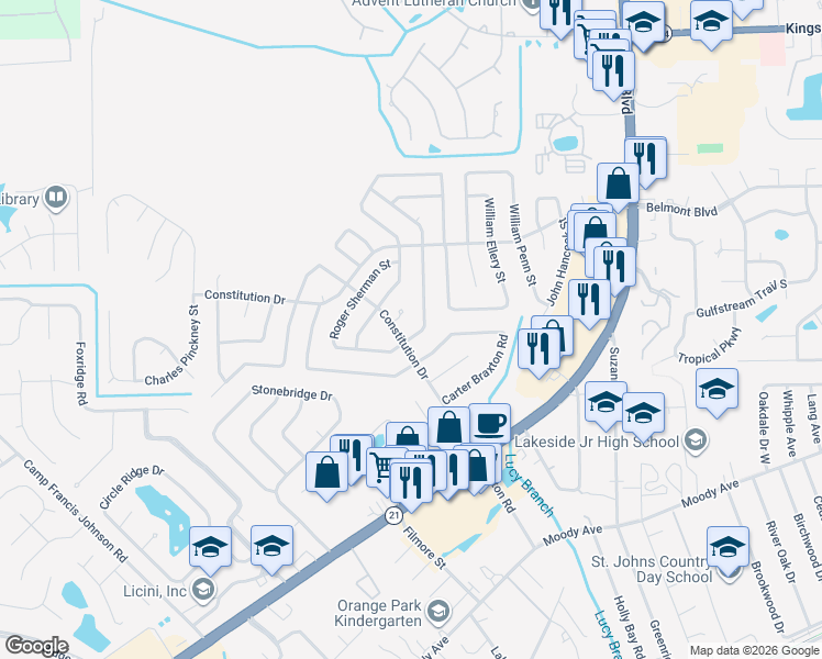 map of restaurants, bars, coffee shops, grocery stores, and more near 614 Charles Carroll Street in Orange Park