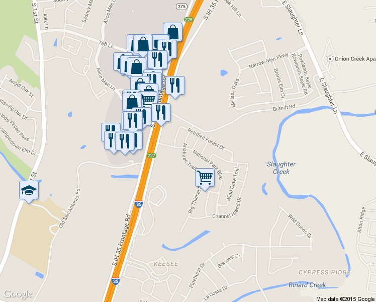map of restaurants, bars, coffee shops, grocery stores, and more near 10101 Anahuac Trail in Austin