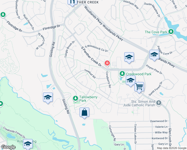 map of restaurants, bars, coffee shops, grocery stores, and more near 1 Still Glen Court in The Woodlands
