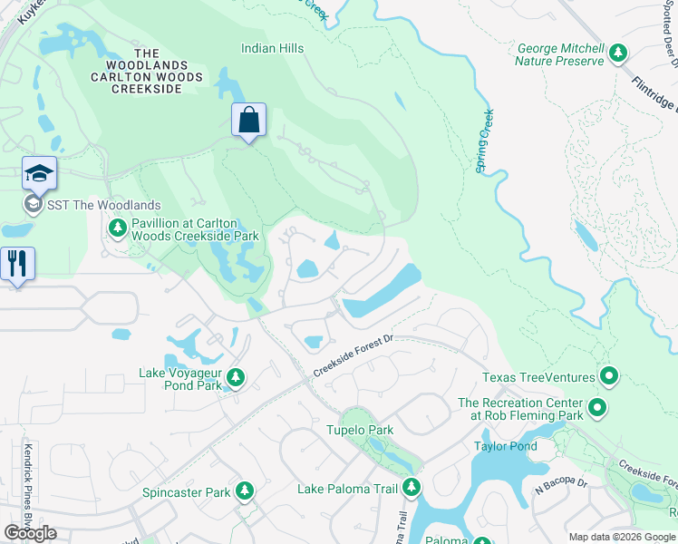 map of restaurants, bars, coffee shops, grocery stores, and more near 27 Hammock Dunes Place in Spring