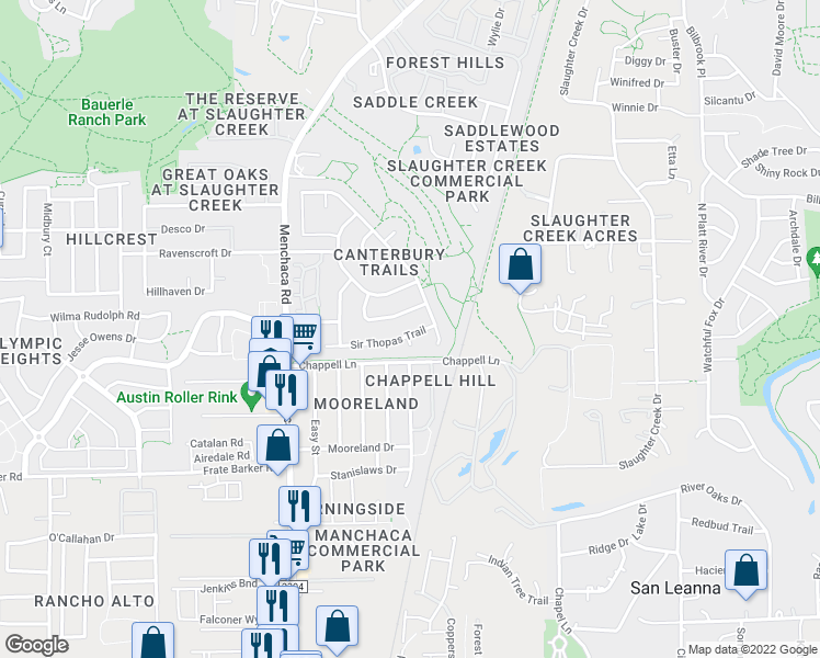 map of restaurants, bars, coffee shops, grocery stores, and more near 1324 Sir Thopas Trail in Austin