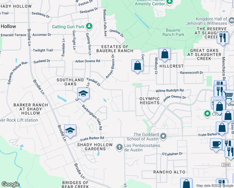 map of restaurants, bars, coffee shops, grocery stores, and more near 2608 Kerri Strug Cove in Austin