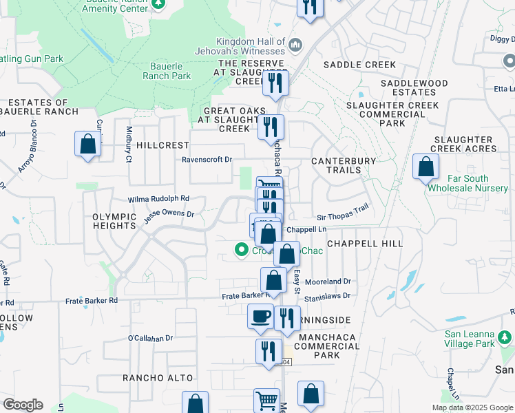 map of restaurants, bars, coffee shops, grocery stores, and more near 1801 Marcus Abrams Boulevard in Austin