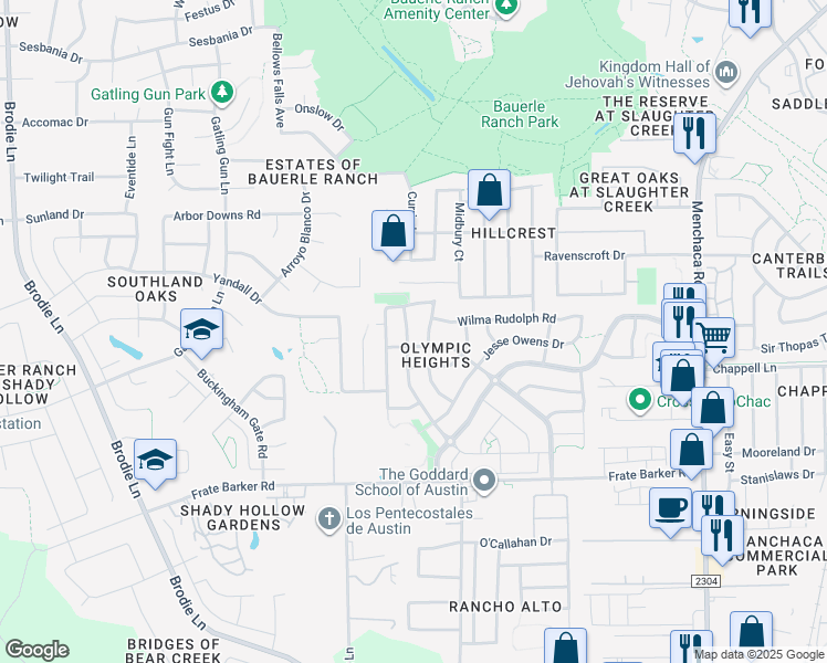 map of restaurants, bars, coffee shops, grocery stores, and more near 11504 Johnny Weismuller Lane in Austin