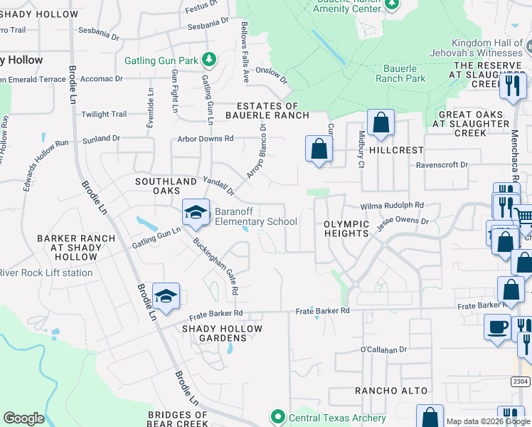 map of restaurants, bars, coffee shops, grocery stores, and more near 2608 Kerri Strug Cove in Austin