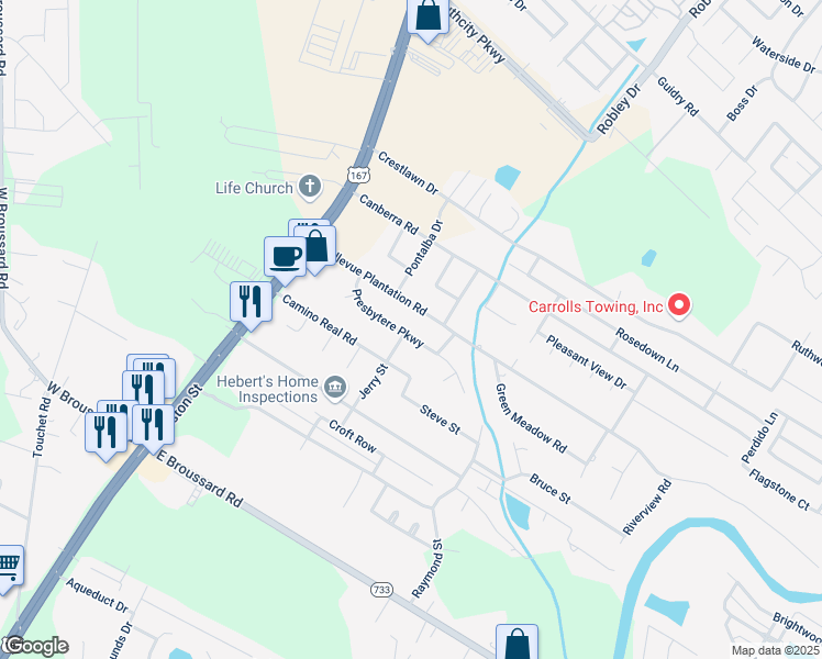 map of restaurants, bars, coffee shops, grocery stores, and more near 301 Presbytere Pkwy in Lafayette