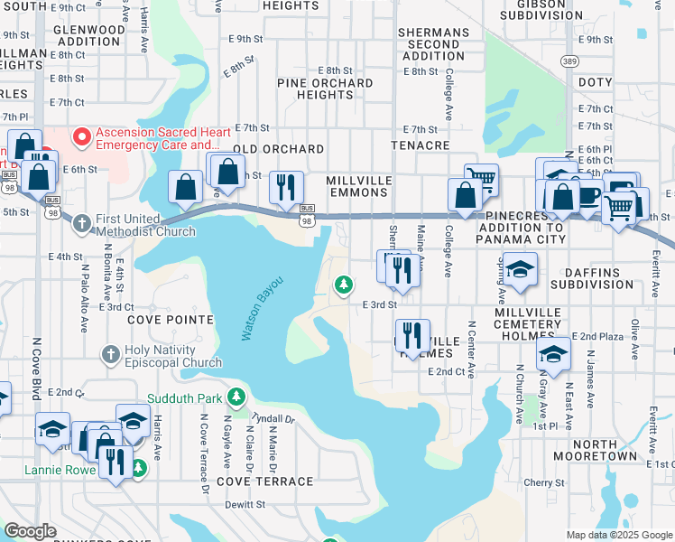 map of restaurants, bars, coffee shops, grocery stores, and more near 409 Maple Avenue in Panama City