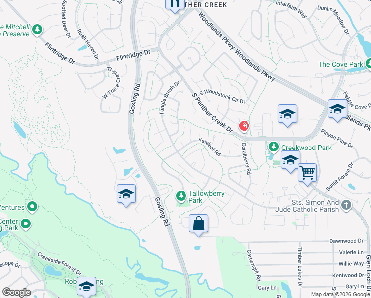 map of restaurants, bars, coffee shops, grocery stores, and more near 12 Yewleaf Drive in The Woodlands