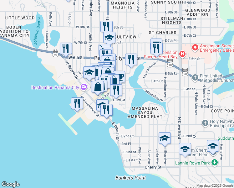 map of restaurants, bars, coffee shops, grocery stores, and more near 319 Magnolia Avenue in Panama City