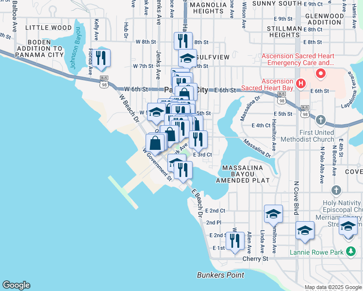 map of restaurants, bars, coffee shops, grocery stores, and more near 228 Harrison Avenue in Panama City