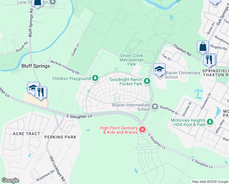 map of restaurants, bars, coffee shops, grocery stores, and more near 5512 Baythorne Drive in Austin