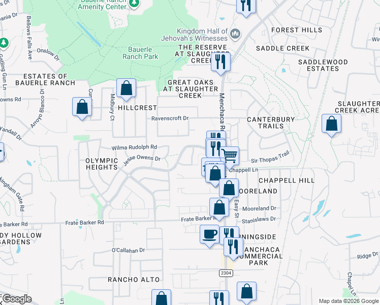 map of restaurants, bars, coffee shops, grocery stores, and more near 11404 Eddie Egan Lane in Austin