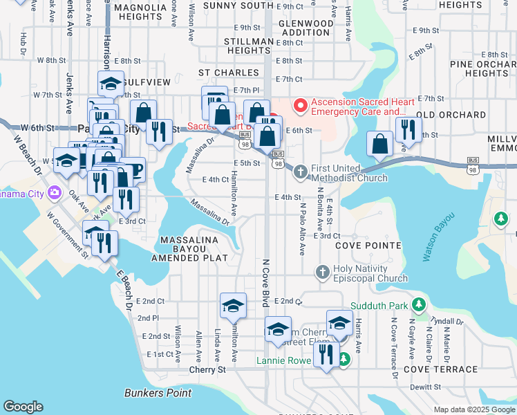 map of restaurants, bars, coffee shops, grocery stores, and more near 611 East 3rd Court in Panama City