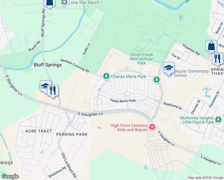 map of restaurants, bars, coffee shops, grocery stores, and more near 5316 Baythorne Drive in Austin