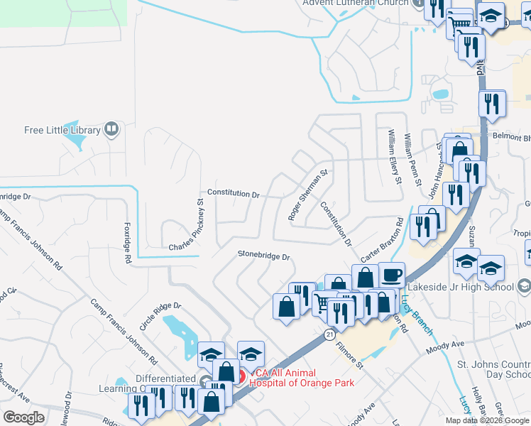 map of restaurants, bars, coffee shops, grocery stores, and more near 593 Richard Lee Street in Orange Park