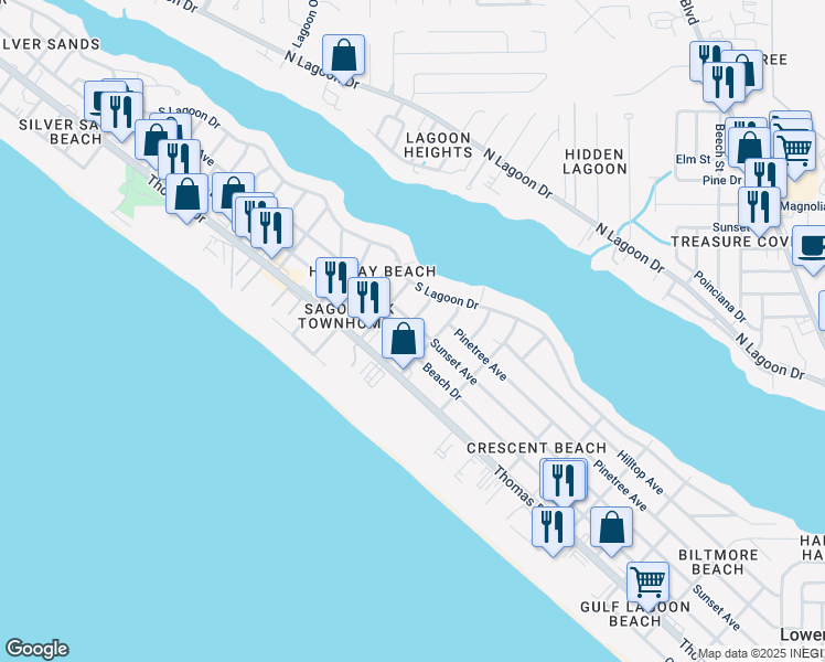 map of restaurants, bars, coffee shops, grocery stores, and more near 6605 Sunset Avenue in Panama City