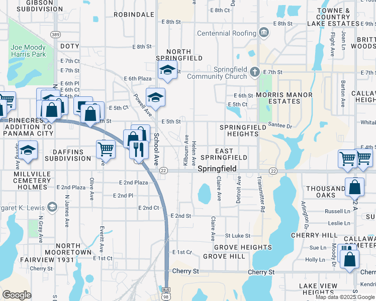 map of restaurants, bars, coffee shops, grocery stores, and more near 301 Kilbourn Avenue in Panama City
