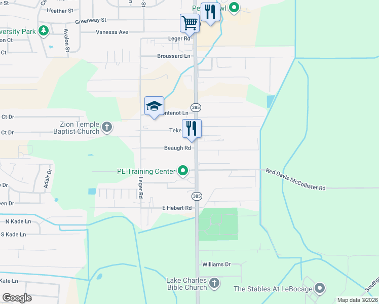 map of restaurants, bars, coffee shops, grocery stores, and more near 5924 Common St in Lake Charles