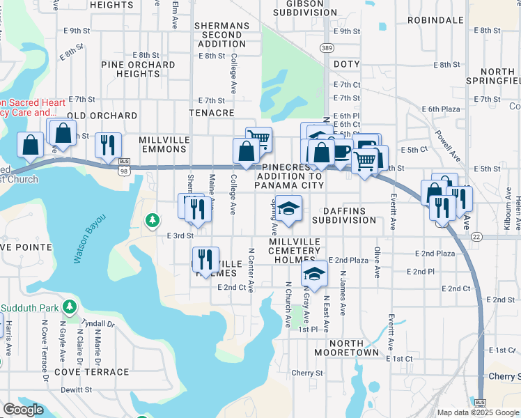 map of restaurants, bars, coffee shops, grocery stores, and more near 336 North Center Avenue in Panama City