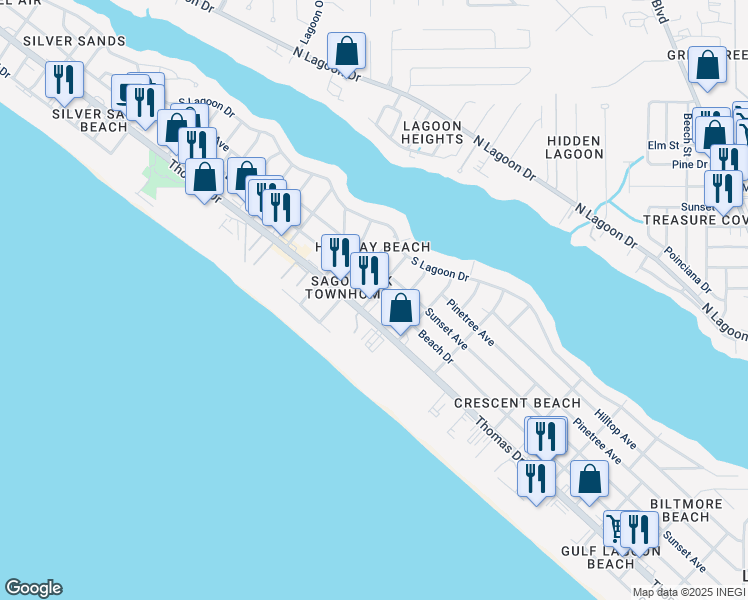map of restaurants, bars, coffee shops, grocery stores, and more near 6625 Beach Drive in Panama City