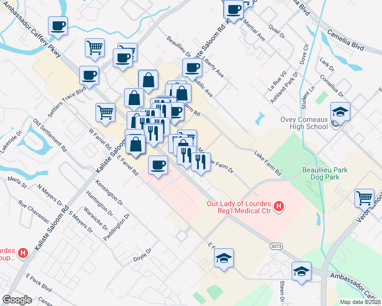 map of restaurants, bars, coffee shops, grocery stores, and more near 110 Old Camp Road in Lafayette