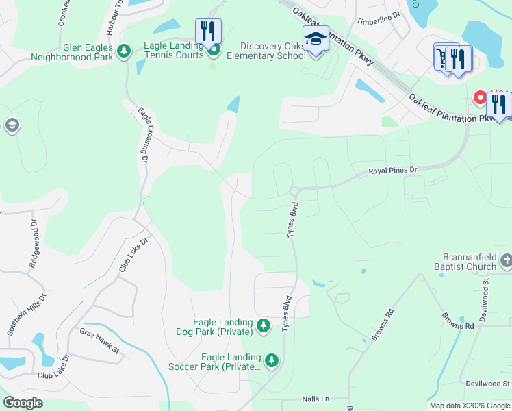 map of restaurants, bars, coffee shops, grocery stores, and more near 1495 Shadow Creek Drive in Orange Park