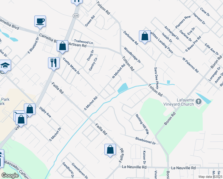 map of restaurants, bars, coffee shops, grocery stores, and more near 104 Billy Lou Drive in Lafayette