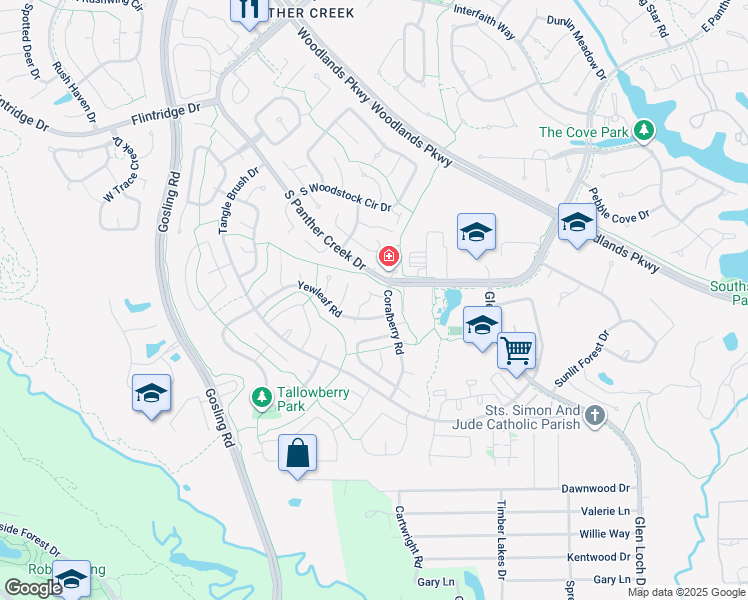 map of restaurants, bars, coffee shops, grocery stores, and more near 7 Fiddleleaf Court in Spring