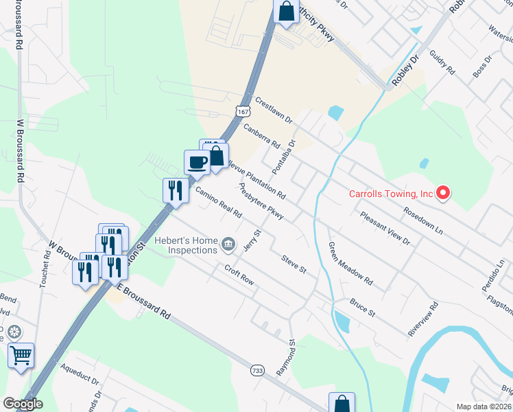 map of restaurants, bars, coffee shops, grocery stores, and more near 210 Presbytere Parkway in Lafayette