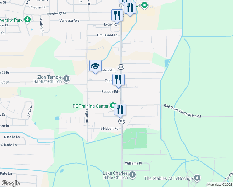 map of restaurants, bars, coffee shops, grocery stores, and more near 5924 Common Street in Lake Charles