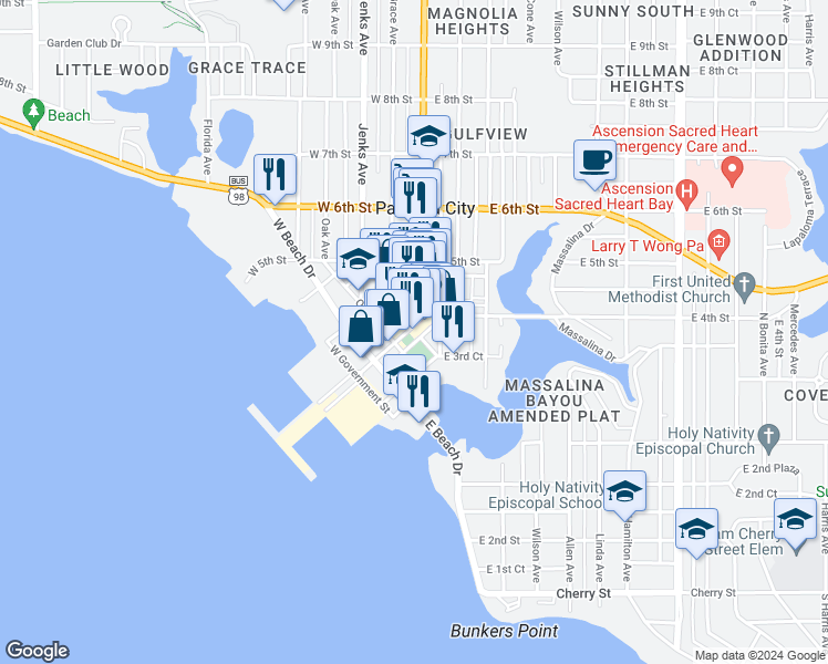 map of restaurants, bars, coffee shops, grocery stores, and more near 228 Harrison Avenue in Panama City